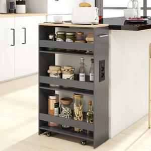 Costway Carrello da cucina 4 ripiani con stazione di ricarica maniglia e parapetti, Carrello stretto a sfilo con ruote bloccabili per cucina lavanderia Grigio e naturale 20cm