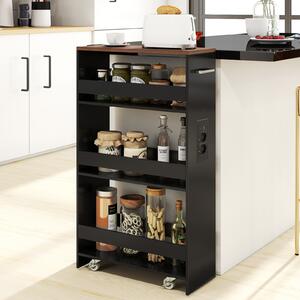 Costway Carrello da cucina 4 ripiani con stazione di ricarica maniglia e parapetti, Carrello stretto a sfilo con ruote bloccabili per cucina lavanderia Nero e noce 20cm