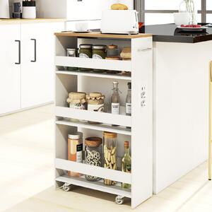 Costway Carrello da cucina 4 ripiani con stazione di ricarica maniglia e parapetti, Carrello stretto a sfilo con ruote bloccabili per cucina lavanderia Bianco e naturale 20cm