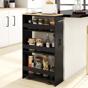 Costway Carrello da cucina 4 ripiani con stazione di ricarica maniglia e parapetti, Carrello stretto a sfilo con ruote bloccabili per cucina lavanderia Nero e naturale 20cm