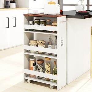 Costway Carrello da cucina 4 ripiani con stazione di ricarica maniglia e parapetti, Carrello stretto a sfilo con ruote bloccabili per cucina lavanderia Bianco e marrone 20cm