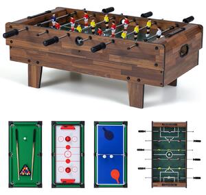 Costway Set di tavoli da gioco 4 in 1 calcio balilla biliardo ping pong, Tavolo multi-gioco hockey accessori per casa sala giochi Marrone