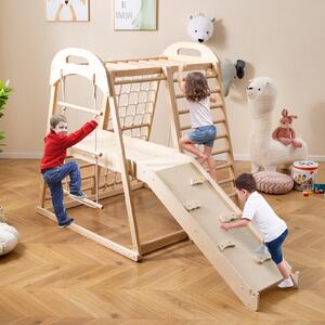Costway Set da arrampicata in legno con scivolo barra delle scimmie scala a corda, Palestra per bambini 8 in 1 con piattaforma Naturale