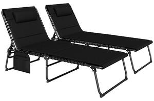 Outsunny Set da 2 sdraio pieghevoli da giardino con cuscino schienale regolabile 5 posizioni tasca laterale Nero | Aosom Italy