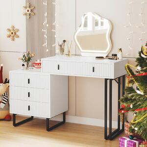 Costway Toeletta specchio luci 3 colori luminosità regolabile 5 cassetti fluted metallo, Tavolo trucco tavolino laterale moderno Bianco