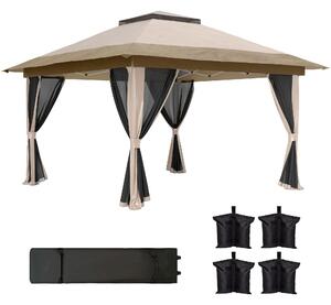 Outsunny Gazebo Pieghevole 3,6x3,6 m con Pannelli Laterali in Rete UPF50+ Altezza Regolabile Borsa con Ruote e Sacchi di Sabbia Beige | Aosom Italy