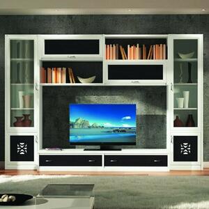 Parete attrezzata legno shabby bicolore bianco/nero 321x36/60x215