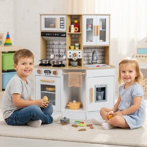 Costway Cucina giocattolo bambini suoni luci legno fornello lavandino cappa, Cucina ghiaccio caffè microonde forno set bambini 3+anni Naturale