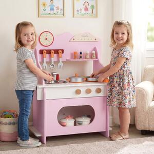 Costway Cucina giocattolo legno bambini finzione orologio fornello porta spezie, Cucina rubinetto lavandino forno accessori completi bambini 3+anni Rosa