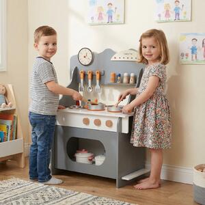 Costway Cucina giocattolo legno bambini finzione orologio fornello porta spezie, Cucina rubinetto lavandino forno accessori completi bambini 3+anni Grigio