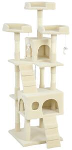 PawHut Albero Tiragraffi per Gatti Albero per Gatti 153 cm con 2 Casette 3 Letti 2 Rampe Montanti in Sisal Topolini Appendibili Crema | Aosom Italy