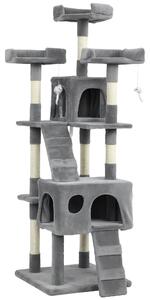 PawHut Albero Tiragraffi per Gatti Albero per Gatti 153 cm con 2 Tane 3 Lettini 2 Rampe Pali in Sisal Topolini Appesi Grigio | Aosom Italy