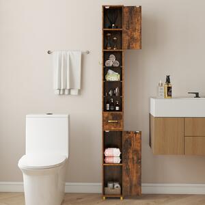 Costway Mobiletto da bagno organizzatore con 2 ante ripiani regolabili, Mobiletto da bagno 3 ripiani vetro temperato 181 cm Marrone