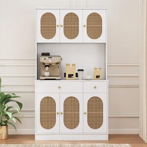 Costway Credenza boho soggiorno 6 ante rattan 2 cassetti vetrina dispensa, Credenza metallo indipendente 180cm Bianco