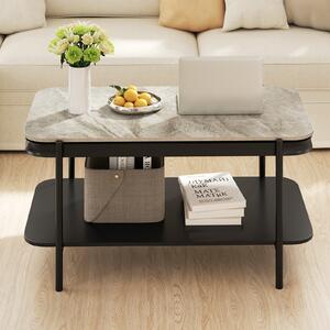 Costway Tavolino caffè rettangolare moderno 2 livelli pietra sinterizzata ripiano portaoggetti metallo robusto, Tavolino centrale soggiorno design funzionale