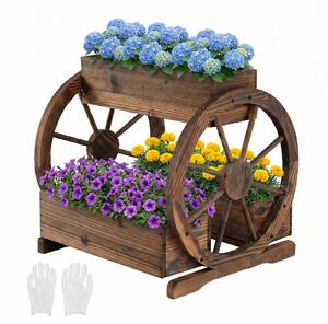 Costway Fioriera carro legno rustico 2 livelli 3 scatole fori drenaggio ruote, Fioriera decorativa fiori interni esterni patio balcone