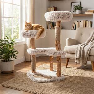 Costway Albero gatti legno massiccio rami naturali 2 appoggi imbottiti tiragraffi tappetino, Albero gatti cuscini peluche rimovibili boho gattini interni 101cm
