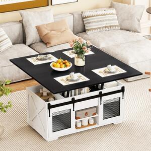 Costway Tavolino caffè piano sollevabile coloniale 2 ante scorrevoli legno fienile, Tavolino 3-in-1 convertibile ripiani aperti 3 scomparti 105cm Nero