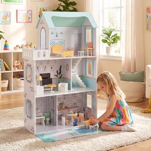Costway Casa bambole legno 17 pezzi mobili accessori scala racconti immaginativi, Casa bambole villa principessa bambini Verde
