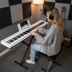 Costway Tastiera pianoforte elettrico 88 tasti digitale supporto sgabello regolabili, Tastiera sensibile tasti pulsanti illuminati funzione midi pedale sustain cuffie Bianco