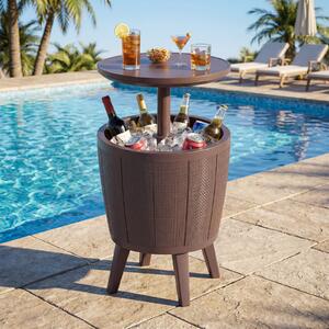 Costway Tavolo bar cocktail esterno raffreddante birra vino 30L piano sollevabile, Tavolino tappo drenaggio resistente intemperie piscina terrazza Marrone