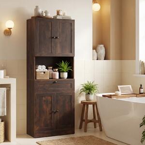Costway Toeletta mobiletto bagno alto legno 4 ante 1 cassetto vano aperto, Toeletta ripiani regolabili organizer moderno 171,5cm Marrone rustico