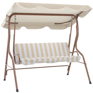 Outsunny Dondolo da giardino 3 posti Tetto impermeabilizzato Inclinazione regolabile Cuscini seduta schienale marrone, crema rigato | Aosom Italy