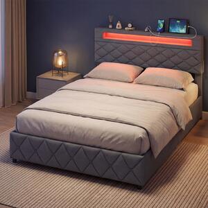 Costway Cornice letto matrimoniale luci led porte usb cassetti testiera, Cornice stoccaggio regolabile doghe legno senza rete 207,5 x 146 x 101-114,5 cm