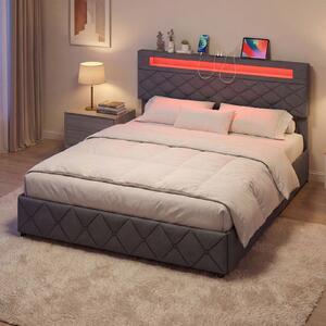 Costway Cornice letto matrimoniale luci led porte usb cassetti testiera, Cornice stoccaggio regolabile doghe legno senza rete 207,5 x 165 x 101-114,5 cm