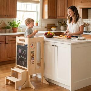 Costway Torre pieghevole bambini sgabello cucina legno 2 scalini rete sicurezza, Torre apprendimento lavagna giochi montessori bambini 3+ anni Naturale