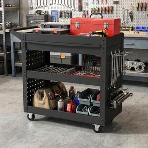Costway Carrello portautensili 3 ripiani ruote organizzatore meccanico metallo cassetto grande, Carrello 2 pannelli forati 8 ganci servizio garage officina