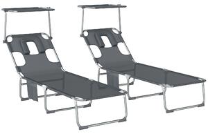 Outsunny Set di 2 Sdraio Pieghevoli Reclinabili con Tenda 360° Apertura Facciale Tasca Laterale e Textilene 550 g/m² Grigio | Aosom Italy