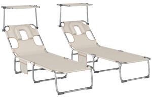 Outsunny Set di 2 Lettini Pieghevoli Reclinabili con Tendalino 360° Foro Facciale Tasca Laterale e Textilene 550 g/m² Beige | Aosom Italy