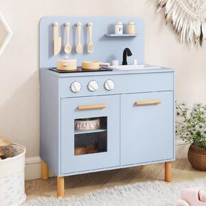 Costway Set da cucina per bambini in legno con luci e accessori da cucina, Gioco educativo con spazio di archiviazione Blu