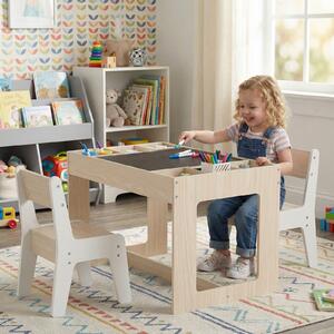 Costway Set tavolo multifunzionale bambini 2 sedie legno piano doppio rimovibile, Lavagna nera bianca compartimenti laterali divisori staccabili Naturale