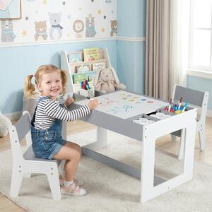 Costway Set tavolo multifunzionale bambini 2 sedie legno piano doppio rimovibile, Lavagna nera bianca compartimenti laterali divisori staccabili Grigio