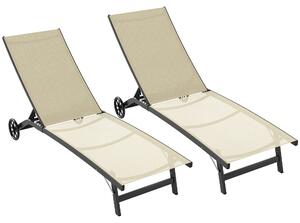 Outsunny Set di 2 lettini prendisole in alluminio e textilene con rotelle schienale reclinabile carico max. 150 Kg kaki | Aosom Italy