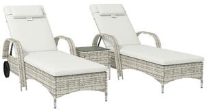 Outsunny Set di 2 lettini prendisole: materasso, poggiatesta, inclinazione regolabile, ruote + tavolino in vetro temperato crema | Aosom Italy