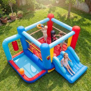 Costway Castello gonfiabile per bambini con accessori gioco, Doppio scivolo piscina palline canestro basket sacchi pugilato 550W 3-12 anni
