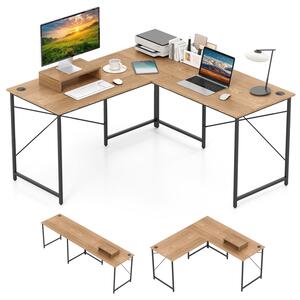 Costway Scrivania computer L 240 cm angolare convertibile supporto monitor, Tavolo ufficio 2 persone metallo robusto lavoro gioco Naturale