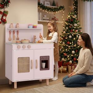 Costway Cucina giocattolo per bambini in legno con ghiacciaio e fornello realistici, Set cucinetta con lavello acqua e spazio di stoccaggio per 3+ anni Rosa