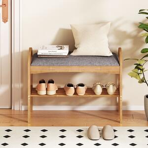 Costway Panca porta scarpe in bambù a 2 livelli con cuscino imbottito e ripiano, Organizzatore compatto per ingresso 70x31,5x51 cm