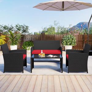Costway Set da salotto per patio in rattan 4 pezzi con divanetto e poltrone, Mobili da esterno con tavolino vetro temperato per giardino e piscina Rosso