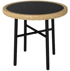 Outsunny Tavolino Rotondo da Giardino, Tavolino d'Appoggio Esterno in Resina Intrecciata con Piano in Vetro Temperato, 46x46x43 cm, Naturale | Aosom Italy