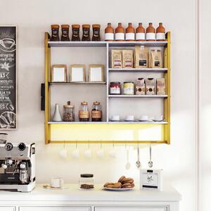 Costway Mensole da parete a 6 livelli con luci LED controllo remoto e APP, Scaffale con 8 ganci S e tasca laterale per cucina salotto sala da pranzo 107 cm Bianco
