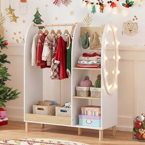 Costway Armadio per travestimenti bambini con specchio e luci, Guardaroba aperto con ripiani e ganci per cameretta 91x28x110 cm