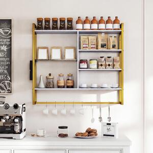 Costway Mensole moderne da parete a 6 livelli con 8 ganci S e tasca laterale, Espositori per bar cucina salotto bagno sala giochi 107 cm Bianco