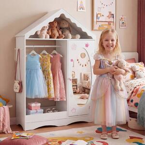 Costway Armadio specchio per bambini con guardaroba e ganci, Organizzatore costumi per cameretta e stanza giochi Bianco