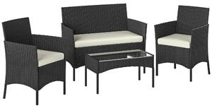 Outsunny Set Mobili da Giardino in Rattan Sintetico con Divano, Poltrone e Tavolo in Vetro Temperato con Cuscini Nero e Crema | Aosom Italy