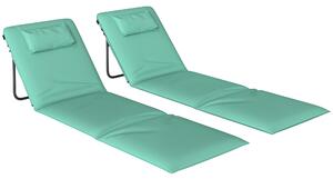 Outsunny Set di 2 Stuoie da Spiaggia Pieghevoli con Schienale Regolabile Poggiatesta Imbottito 146x50x2 cm Verde | Aosom Italy